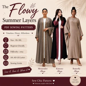 May include: A PDF sewing pattern for three styles of abayas: a taupe minimalist abaya with embroidered trim, a black kimono abaya with a maroon front panel, and a solid taupe butterfly abaya. The text includes The Flowy Summer Layers.