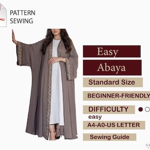 Può includere: Una donna indossa un abaya lungo e fluido color talpa con finiture dorate. L'immagine include il testo "Easy Abaya", "Standard Size", "Beginner-Friendly" e "Sewing Guide". È presente un'icona PDF.