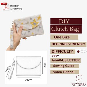 May include: A DIY clutch bag sewing pattern and tutorial featuring a white fabric with yellow and gray star prints. The clutch includes a wrist strap. Technical diagrams show dimensions of 21cm by 14cm for the bag and 18cm for the wrist strap.