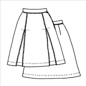 May include: A black and white line drawing of a skirt with two layers. The top layer has a slit on each side and the bottom layer is a simple A-line skirt.