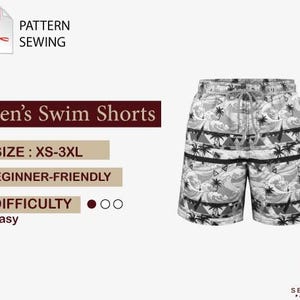 May include: A grayscale pattern swim shorts with a drawstring waist. The shorts feature a design of waves, palm trees, and geometric shapes. The image also includes text that says "Men's Swim Shorts", "SIZE: XS-3XL", and "BEGINNER-FRIENDLY".
