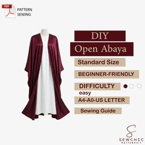 Peut inclure: Un abaya ouvert bordeaux sur mannequin, porté avec une robe blanche. L'image contient du texte indiquant qu'il s'agit d'un patron de couture DIY, adapté aux débutants et facile à réaliser. Le patron est disponible en tailles standard.