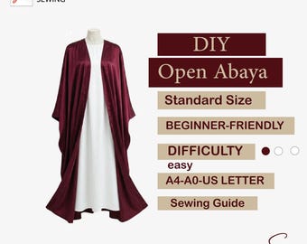 May include: A sewing pattern for a burgundy open abaya worn over a white dress. The text reads: DIY Open Abaya, Standard Size, BEGINNER-FRIENDLY, DIFFICULTY easy, A4-A0-US LETTER, Sewing Guide, and SEWCHIC PATTERNSIT with a PDF icon.