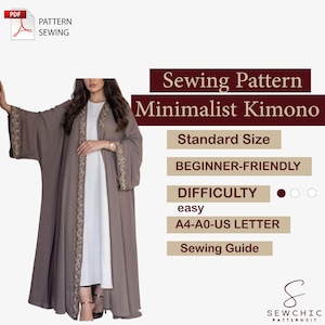 May include: A minimalist kimono sewing pattern. The image shows a woman wearing a long, flowing, taupe kimono with embroidered trim. The pattern includes a sewing guide and is beginner-friendly. The difficulty level is easy, and the pattern is available in A4-A0-US LETTER sizes.
