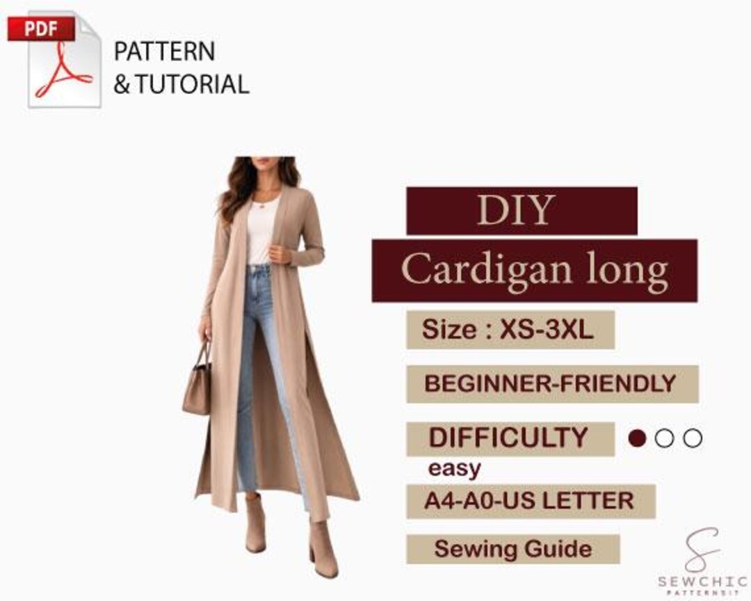 Long Cardigan Sewing Pattern | PDF Digital Download | Size XS-3XL ...