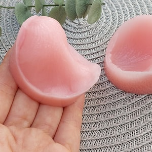 Könnte beinhalten: Zwei rosa Silikonformen zum Herstellen von Kunsthandwerk aus Harz. Die Formen haben die Form eines Halbkreises und eine glatte, strukturierte Oberfläche.