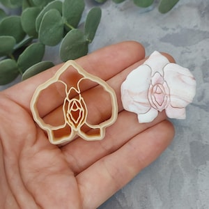 May include: An orchid-shaped cookie cutter and a decorative orchid. The cookie cutter is light brown and has a detailed interior. The decorative orchid is white with pink marbling and a detailed center. The items are displayed on a hand.
