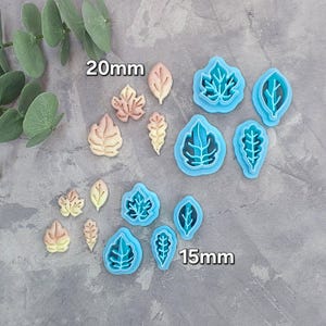 May include: A collection of leaf-shaped cookie cutters and leaf-shaped cookies. The cutters are light blue, and the cookies are various shades of beige and brown. The image includes text that reads "20mm" and "15mm".