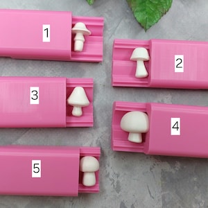 Peut inclure: Cinq moules en plastique rose numérotés de 1 à 5. Chaque moule contient un objet blanc en forme de champignon. Les moules sont destinés à la fabrication d'objets en résine.