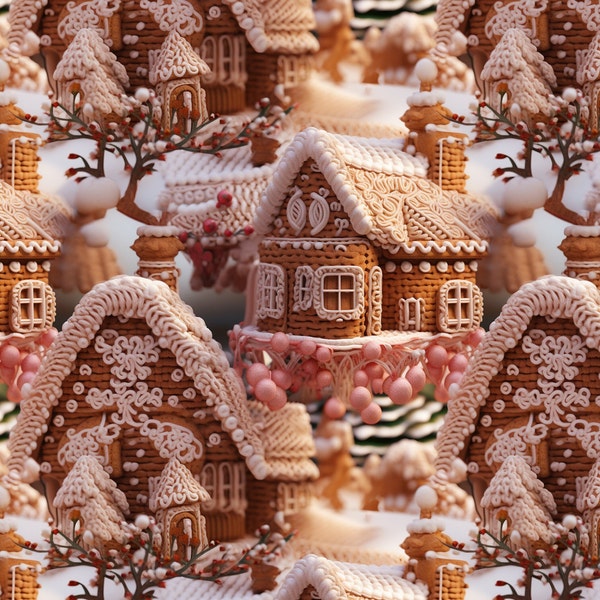 Kitsch Christmas crochet holidays ginger bread house, seamless tile, scrapbook, digital paper, 12 x 12in, digital download, commercial use