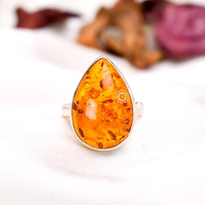 Handmade Baltic Amber Ring: Sterling Silver 925 Statement Band