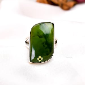 Green Nephrite Jade Ring: Handmade 925 Sterling Silver Statement Jewelry