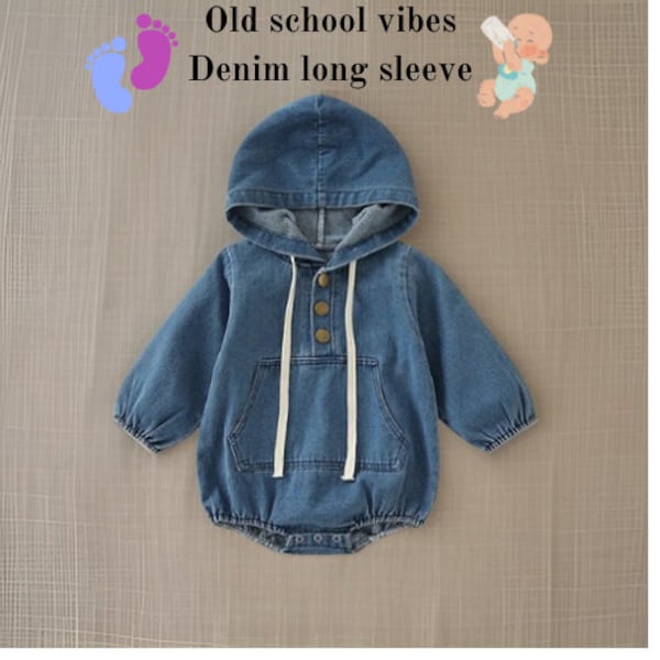 Combinaison en denim à capuche pour nouveau-né - Body pour bébé à boutons doux sur le devant - Romper d’automne polyvalent - Adorable cadeau pour bébé de 0 à 24 mois