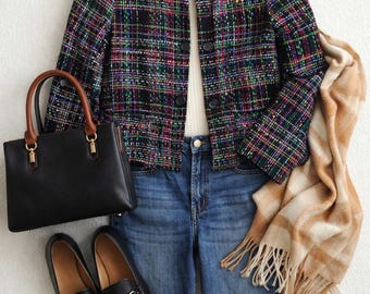 Talbots Petites Multicolor Tweed Blazer Wool Blend Size 8P Cropped Plaid Textured Career Jacket