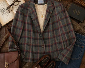 Blazer vintage Pendleton xadrez em lã: fabricado nos EUA, estilo academia.
