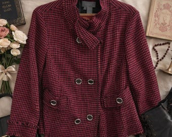 Eccoci Rosa Schwarz Hahnentritt Wollmischung Blazer Jacke Größe 14 Verkürzte Zweireiher