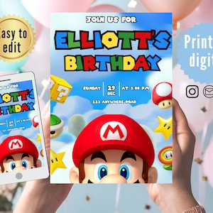 Super Mario Birthday Invitation, Super mario Theme, birthday invitation,,mario invitation,super mario,super mario invite,super mario party