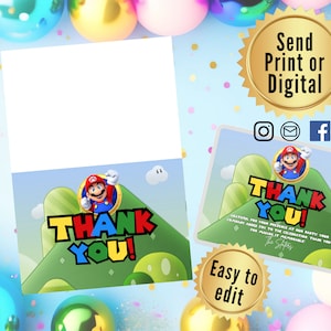 Cartão de agradecimento Mario, Aniversário Super Marion Boys, Super Mario Obrigado, Cartão de agradecimento Mario editável, Convites de aniversário, Obrigado de aniversário