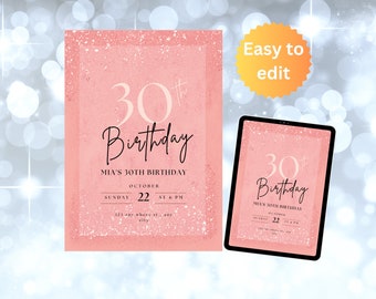 Rose gold Invitation, Editable birthday invitation, Adult Birthday Invite, 30th birthday, 21st birthday, 40th birthday, 50th birthday