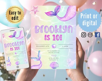 Może przedstawiać: Zaproszenie urodzinowe z motywem syrenki z napisem "Brooklyn ma 10 lat!" w fioletowych literach bąbelkowych. Zaproszenie zawiera akwarelowe ilustracje ogonów syren, muszli i gwiazdy na pastelowym tle.