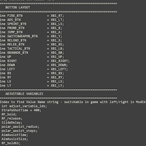 Puede incluir: Una pantalla de ordenador gris oscuro que muestra líneas de código de programación. El texto incluye definiciones de botones como FIRE_BTN, ADS_BTN y SPRINT_BTN, seguidas de variables ajustables como StrafeShotTime, RF_hold y AimAssistTime.