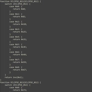 May include: A snippet of computer code displayed on a dark gray background. The text includes the function ECLIPSE_011 with a switch statement containing multiple cases returning hexadecimal values, followed by the function ECLIPSE_013.
