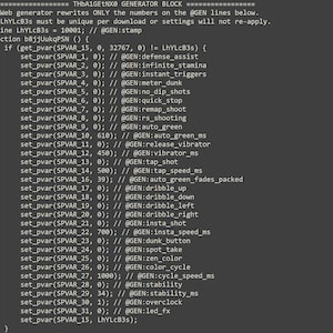 May include: A dark gray computer code snippet displayed on a screen. The text includes a generator block, a function named b8jjUukqPSN, and multiple lines of set_pvar commands with numerical values and comments like defense_assist and auto_green.