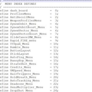 May include: A text-based programming document titled MENU INDEX DEFINES, listing twenty-five distinct menu categories with corresponding numerical values ranging from zero to twenty-four, presented in a clean, black-on-white code format.