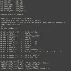 Może przedstawiać: Ciemnoszary ekran komputera wyświetlający kod programistyczny C++ dla moda kontrolera do gier. Tekst zawiera definicje przycisków, takie jak FIRE_BTN, konfiguracje kontrolera oraz listę nazw modów, takich jak Rapid Fire, Smart Fire i Anti Recoil.