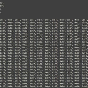 May include: A dark gray computer screen displaying a block of C programming code. The text includes definitions for _VER, _BLD, _a, and _b, followed by a constant array named image_c containing hexadecimal values arranged in rows and columns.