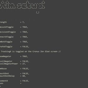 May include: A dark gray digital interface screen displaying a list of software settings including Strength set to 7, AimLockXToggle, PrecisionXToggle, ConnectXToggle, and AimBotXToggle set to TRUE, with text reading Aim setup at the top.