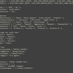 May include: A dark gray computer screen displaying C++ programming code. The text includes variable declarations for font dimensions, menu descriptions like aim patterns, recoil, and sprint modes, and security screen text such as DEVICE LOCKED.
