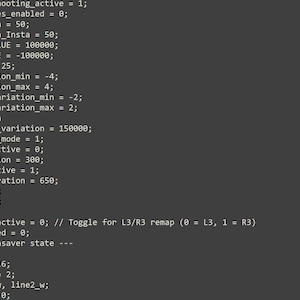 May include: A dark grey screen displaying lines of C programming code with white text. The code includes variable declarations such as int flick_up_shooting_active = 1, int STICK_DOWN_VALUE = 100000, and a comment referencing discord.gg/orla.