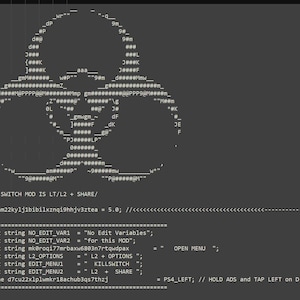 Pode incluir: Uma tela digital cinza-escura exibindo arte ASCII branca de um símbolo de risco biológico seguida de código de programação. O texto inclui instruções para um mod de kill switch, declarações de variáveis e opções de menu de jogo.