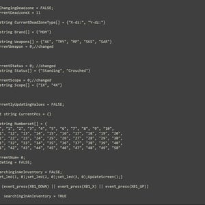 Può includere: Uno schermo di computer grigio scuro che mostra righe di codice di programmazione in testo bianco. Il codice include variabili come CurrentDeadzone, CurrentWeapon, Status, Scope e un array NumberSet da 0 a 50, con un blocco di funzione main.