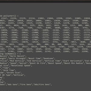 May include: A dark gray computer screen displaying a block of programming code. The text includes a constant integer array named pollarArr with numerical values and a string array named valNames containing labels like Vertical Recoil and Horiz Recoil.