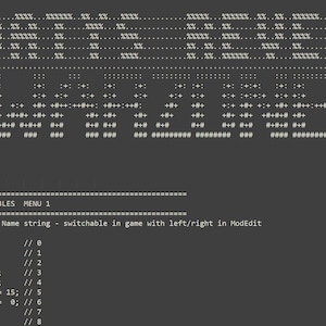 Peut inclure: Un écran d'ordinateur gris foncé affichant des lignes de code de programmation C++. Le texte inclut le titre FLOATYS REVENGE V8 et une section intitulée ADJUSTABLE VARIABLES MENU 1, listant des variables entières comme DeadZone, drop_shot_hold et AimAssistTime.