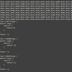 May include: A dark grey computer screen displaying lines of programming code in a monospaced font. The code includes a data array with hexadecimal values and several function definitions labelled V_0171, V_0180, and V_0445, each containing switch statements.