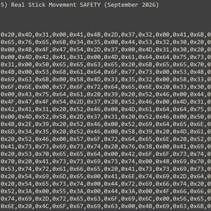 Pode incluir: Uma tela de computador cinza-escura exibindo linhas de código e dados. O texto no topo diz: NEW (Human-Logic v5.5) Real Stick Movement SAFETY (September 2026). Abaixo, várias linhas de dados hexadecimais estão organizadas em formato de grade.
