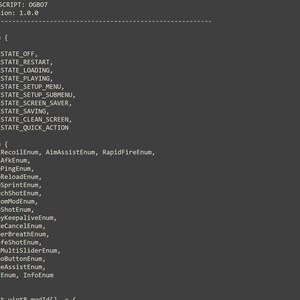 Könnte beinhalten: Ein dunkelgrauer Computerbildschirm, der ein Programmierskript mit weißem Text anzeigt. Der Code enthält einen Enum-Block mit Zuständen wie STATE_OFF, STATE_RESTART und STATE_LOADING, gefolgt von einer Liste verschiedener Funktions-Enums wie AntiRecoilEnum.