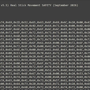 Może przedstawiać: Ciemnoszary ekran komputera wyświetlający linie kodu zaczynające się od tekstu NEW (Human-Logic v5.5) Real Stick Movement SAFETY (September 2026), po którym następuje tablica danych zawierająca wartości szesnastkowe oddzielone przecinkami.