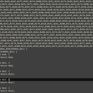 May include: A dark gray computer screen displaying lines of programming code. The top section contains a large data array with hexadecimal values, followed by a function named EXODUS_010 that utilizes a switch statement to return specific values.