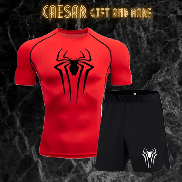 Kurzarm-T-Shirt-Set, Shorts, Fitness, Fitnessstudio, Tight, Spiderman-Kompression, Herrengeschenk, Geburtstagsgeschenk, Laufen