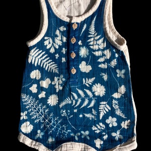 Handmade-Unisex Baby Cyanotype Sleeveless Henley Romper | Size 3-6 Month Botanical Print