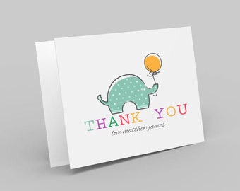 Personalized Baby Shower Thank You Cards - Whimsical Elephant with Balloon Design. multiple pack sizes available