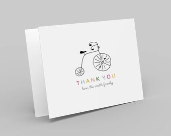 Gepersonaliseerde babyshower bedankkaart. Driewieler bedankt. meerdere verpakkingsgroottes beschikbaar
