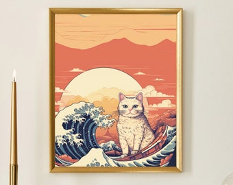 The Great Wave- Parody of Hokusai's Painting With Cats, Japanese