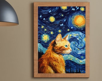 星月夜のプリント - ヴィンセント・ヴァン・ゴッホの猫の絵のパロディ