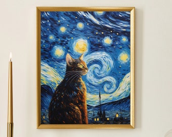 星月夜のプリント - ヴィンセント・ヴァン・ゴッホの猫の絵のパロディ