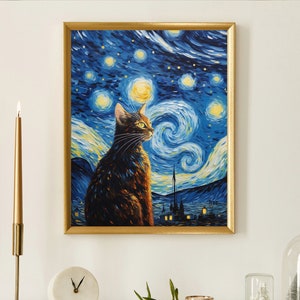 Starry Night Print- parody of Vincent Van Gogh's painting with cat, high quality art print, wall art, funny gift, brown cat (4)